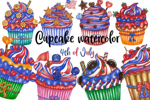 Cupcakes Watercolor 4th of July: Vibrant, Transparent Design Assets