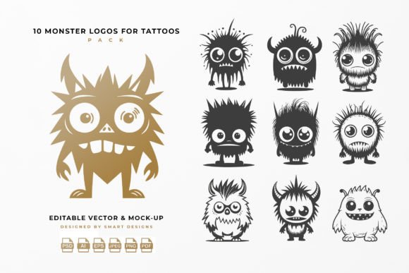 Monster Logos for Tattoos Pack X10: Minimalist & Cheerful Design Assets