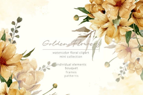 Watercolor Golden Flowers Clipart Set: A Versatile Addition to Your Creative Projects