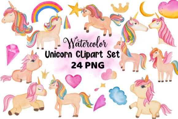 Watercolor Unicorn Clipart Set