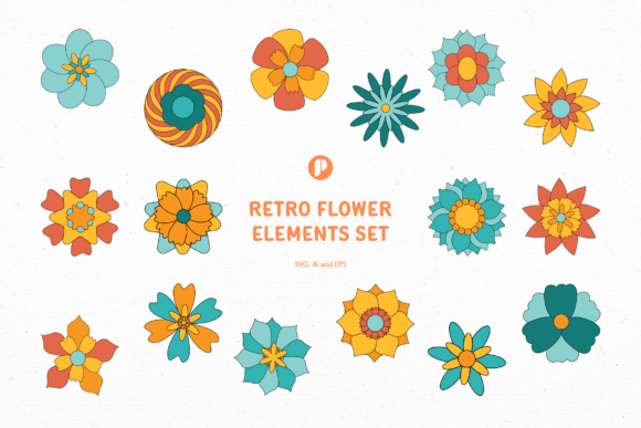Yellow Turquoise Retro Flower Element: A Vibrant Design Addition for Every Project
